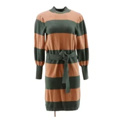 Green & Tan Striped Midi Sweater Dress