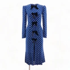 Blue Polka Dot Velvet Trimmed Silk Midi Dress