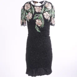 80's Silk Embellished Midi Dress In Black